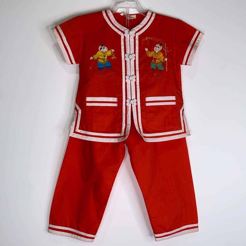 Vintage Asian Plum Blossoms Chinese
Embroidered Childs Red Outfit Kimono & Pants